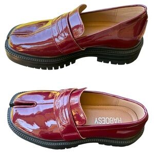 Raboesy Burgundy Patent Leather Split-Toe Loafers Women’s Chunky Sole Shoes S